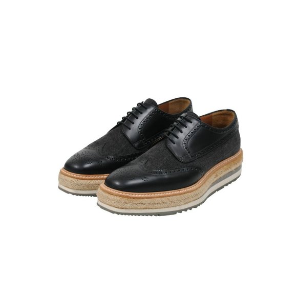 Prada Mens Wingtip Platform Espadrille Brogues US9 P8 Blue Denim Black Leather - Picture 3 of 8